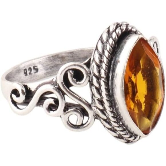 Citrine Natural Semi Precious Gemstone Silver Bohemian Jewelry Ring
